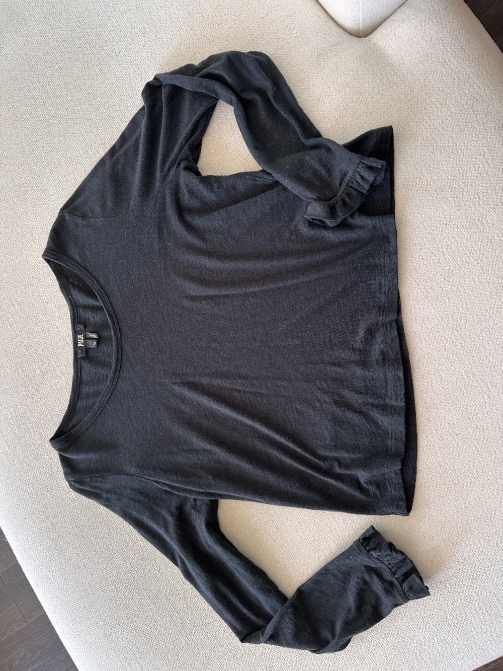 PAIGE Ladies Long Sleeve Tee, Size Medium, Ruffle Trim on Sleeves, soft black